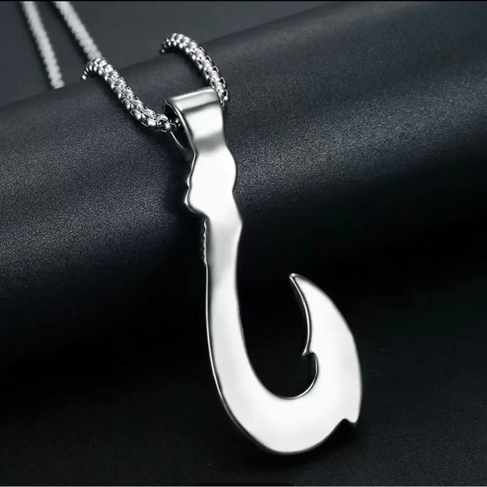 Titanium Steel Fish Hook Pendant Necklace Ocean Adventure Tribal Viking Unisex